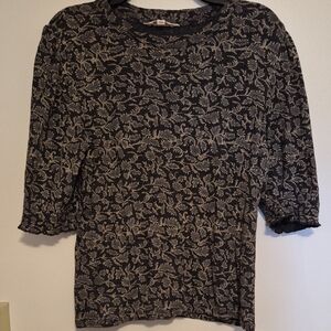 Lucky Brand Womens Dark Green & Gray Floral Pattern Smocked Sleeve Top SZ L